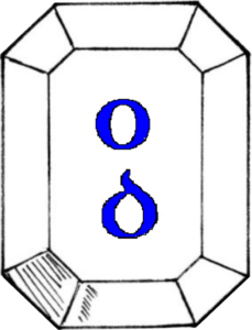 On a step-cut gemstone argent in pale the letters O and D azure