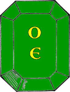 On a step-cut gemstone vert in pale the letters O and E Or