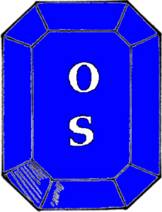 (Fieldless) On a step-cut gemstone azure in pale the letters O and S argent